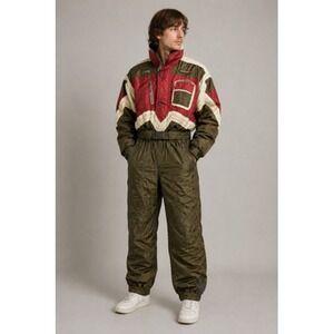 Vintage Descente Ski Suit Mens XL Brown Red Colorblock Hooded Snowsuit 80s